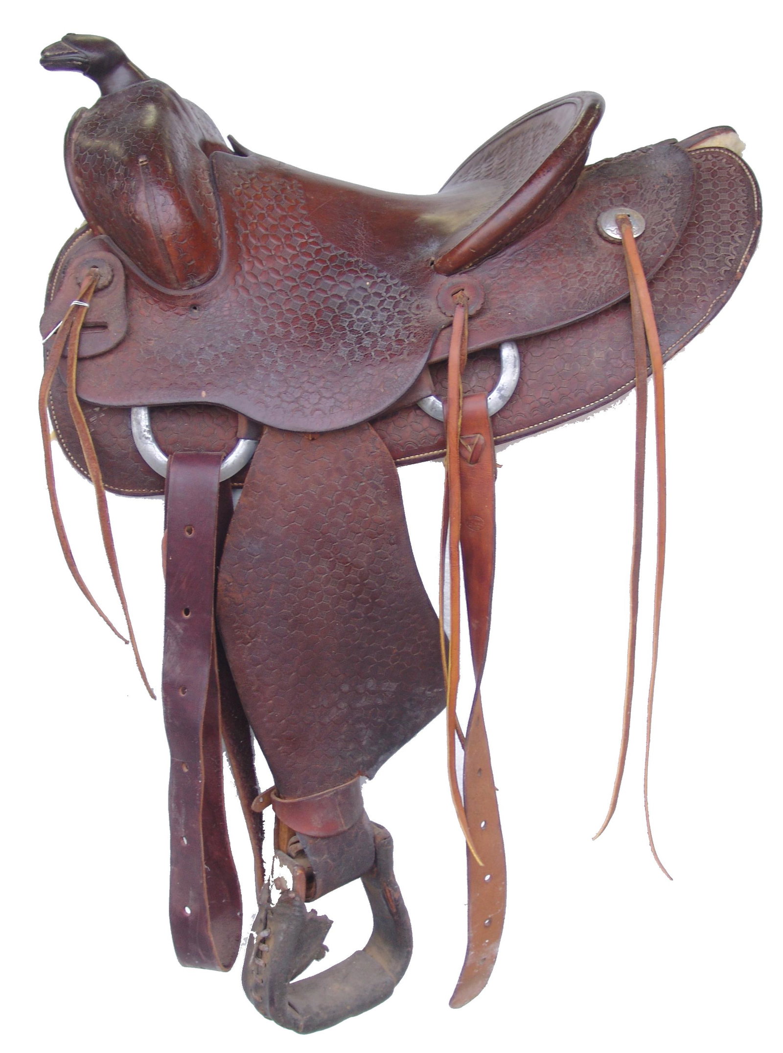 Vintage Western Saddle: Ca. 1960s-1970s Adult Classic, fully tooled saddle by Apache Saddlers, Amarillo, TX., with rounded skirts, mid cantle, & 14" seat. Fair condition.