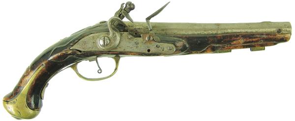 Antique Flintlock Dragoon: Late 1800s 11" Very old muzzle loader in .50+ cal. with 6-1/2" round barrel, etched brass inlays, and carved stock. Poor condition. Cracked stock, some missing parts. No S/N.