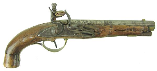 Antique Flintlock Pistol: Late 1800s 12-1/2" Very old muzzle loader with 7", octagon to round barrel, and fancy brass inlays and hardware. Fair condition. Stock broken in places. 50+ cal. No S/N