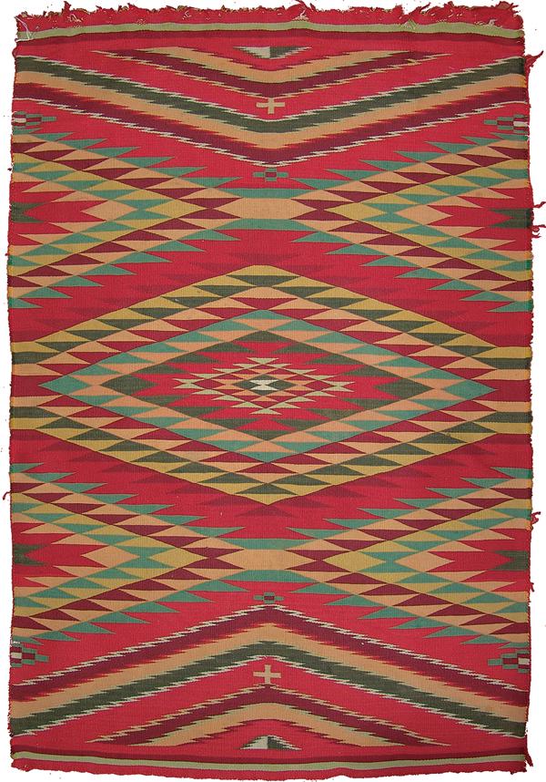 Navajo Rug/Weaving: Late 1800s 53" x 36" Very fine weave, Germantown Eye Dazzler with 2 small crosses and good original colors. Very good condition, a few edge abrasions, rough ends.