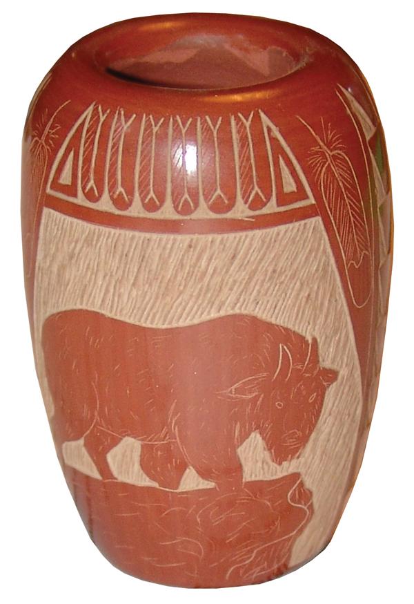 Red Starr Pottery: Late 1900s 2" x 1-1/2"Very fine, miniature sgraffito redware pottery jar with mountain goat figures, feathers, and other geometric forms etched into the surface to reveal the under color. Excellent co