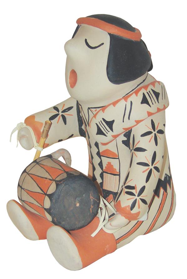 Cochiti Pottery Storyteller - Mary Trujillo: Late 1900s 13" Impressive, hand formed pottery "storyteller" figure, this a seated drummer shown singing with its mouth open, holding a large drum. Very good condition, minor scuffs.