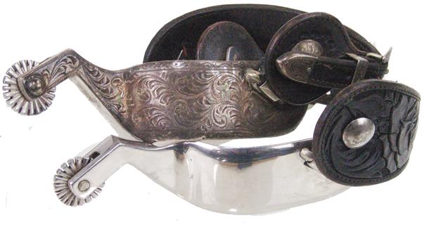 Fleming Western Spurs: Mid 1900s Adult Beautiful, silver overlaid spurs with hand tooled leathers having sterling buckles and hanging buttons, and with small, 1" rowels. Signed "Fleming". Good condition.