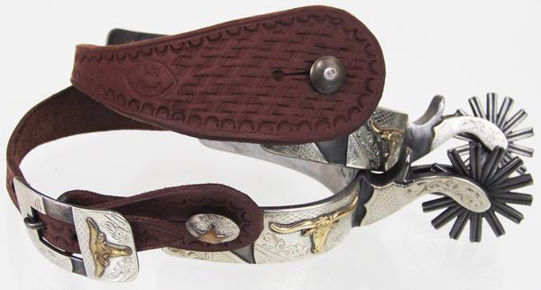 R. F. Ford Western Spurs: Early/Mid 1900s Adult Beautiful pair of double mounted, #2106 spurs with brass longhorns on silver plaques (all silver engraved) 2" rowels, and matching equine buckles on the Liz Ford leathers. San