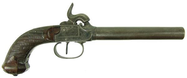Antique French Pistol: Late 1800s 10-1/2"Very early, custom made, muzzle loading percussion cap pistol with elaborate engraving and the words "Bontems"-"Au Monil" engraved on the sides. Good condition. No S/N.