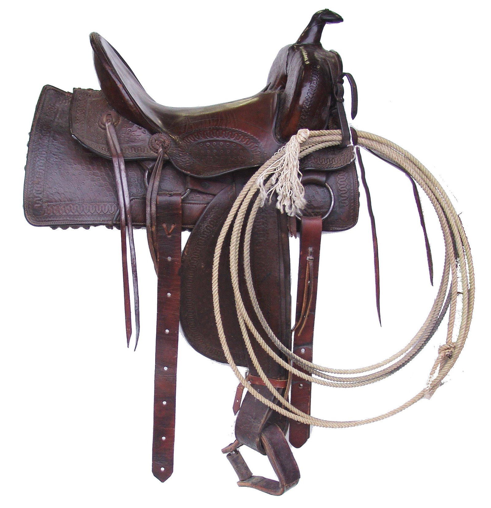 Western Saddle: Mid/Late 1900s Adult Fully tooled, western pleasure saddle with fancy stitched pommel, square cut skirts, high cantle, and 14" saddle. Maker unknown.