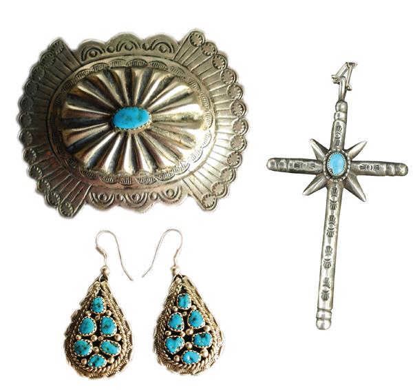 3 Navajo Jewelry Items: Mid/Late 1900s 4" x 2-1/2" cross Includes a vintage sand cast cross pendant necklace, larger teardrop earrings with 6 stones each, and a ladies size buckle, all turquoise and silver. Very good conditi