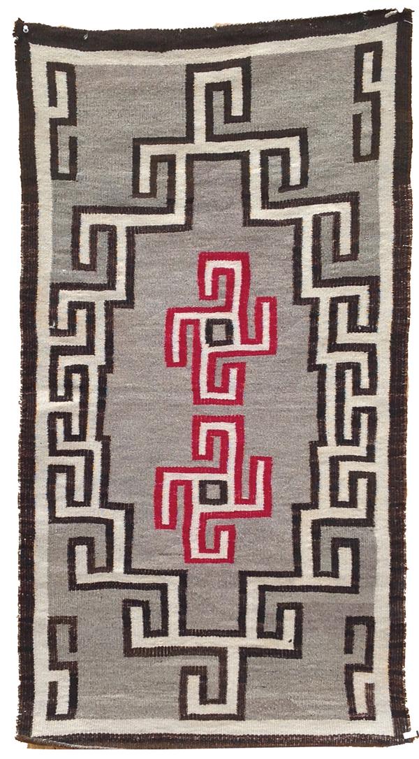 Navajo Rug/Weaving: Ca. 1940s 53" x 28" Classic, Klagetoh design all wool rug loaded with fish hooks and whirling log features. Good condition, some edge erosion.