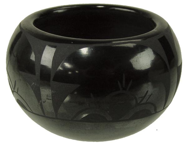 San Ildefonso Pottery Bowl - Pauline Gutierrez: Ca. 1970s 2" x 3" Small, fine, black-on-black pottery bowl with unique, cactus like designs. Very good condition.