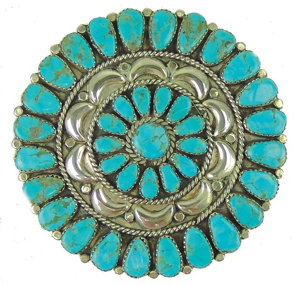 Navajo/Zuni Cluster Pin: Ca. 1980s 3" Traditional, all silver rosette style blouse pin, done in classic cluster style and with raised crescent features. Very good condition. Signed "Y".