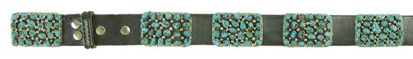 Navajo Concho Belt: Ca. 1970s Fits up to 40"+ Impressive, turquoise and silver belt with nine, 1-1/2" X 2" conchos plus the matching buckle, all loaded with nugget style stones. Very good condition. Unsigned.