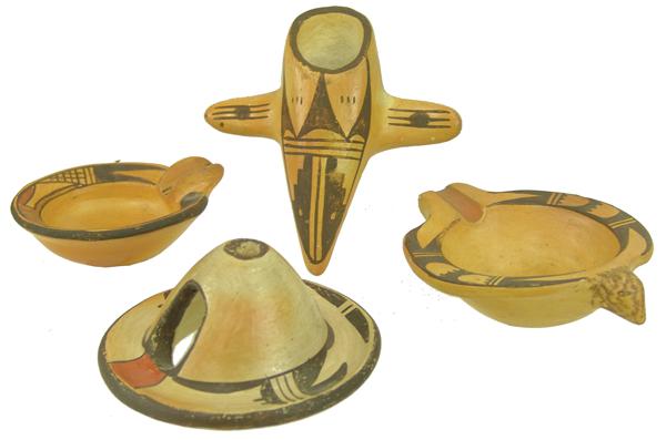 4 Vintage Hopi Pottery Items: Early/Mid 1900s Largest 4-1/2" x 2" Wonderful group of traditionally made polychrome pottery curios, including a small ashtray, larger bird ashtray, miniature oven (for incense), plus a unique bird sh