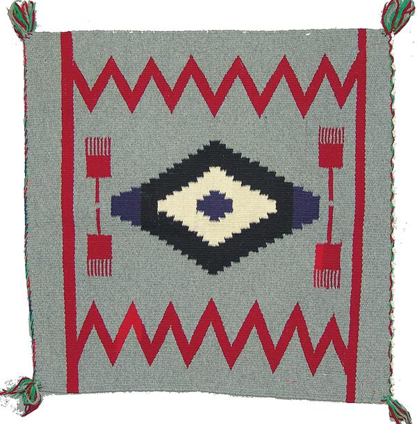Navajo Germantown Rug/Weaving: Early/Mid 1900s 21" x 21" Small, fine weave, table/altar rug with central diamond lozenge, crisp zigzags, fringed corner, and rare weaver's combs incorporated into the design. Very good condition.
