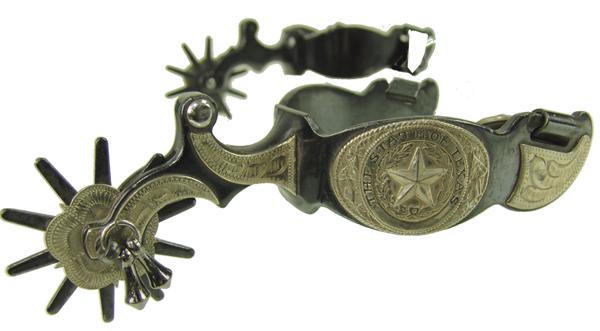 Kelly "State of Texas" Spurs: Mid 1900s Adult Fine pair of silver mounted, blued steel spurs with 2", 10 point rowels and small jingle bobs. Good condition. Signed "Kelly"