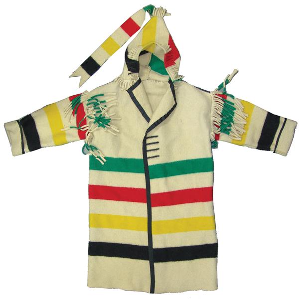 Hudson's Bay Wool Capote: Mid 1900s Adult Large Hand crafted, 100% wool, "mountain man" coat made from a vintage/antique, Hudson's Bay "Point" Blanket. Good, usable condition.