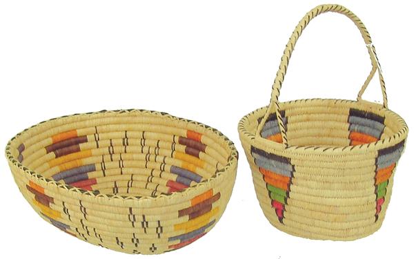 2 Squaxin Baskets - Theresa Nason: Mid 1900s Bowl 4" x 10" x 12" Pair of fine weave, Puget Sound baskets, one an oval bowl with dog figures, the other with a carrying handle and arrowhead figures. Both in near mint condition.