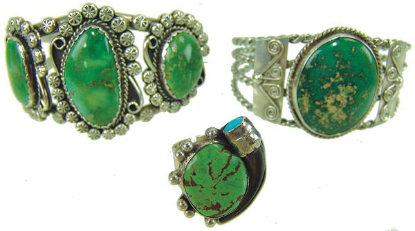 3 Navajo Jewelry Items: Mid/Late 1900s Adult All of silver and green turquoise, the larger bracelet (5-1/2" + 1-1/2" gap) with three (1 damaged) stones, the other with Royston, plus a size 13 ring with a Carico Lake turquois
