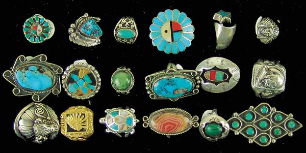 18 Navajo and Zuni Rings: Mid/Late 1900s Sizes 4 - 11 A truly wide selection of mostly turquoise and silver rings, at least one in any style you could imagine. Great store inventory! Good, lightly worn condition, some new.