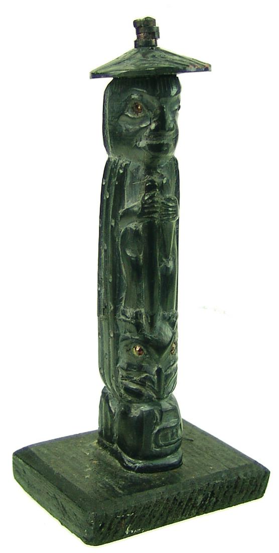 Haida Carved Argillite Totem Pole: Mid 1900s 5-1/2" Vintage, hand carved, 3-figure black stone totem pole with eagle and bear figures under a Shaman wearing a potlatch hat. Very good condition. On wood base.