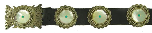 Zuni Inlay Concho Belt- Daniel Benally: Ca. 1980s 2-1/4" conchos. Unique, original design, "birds eye" concho belt done in hand stamped silver, with mother-of-pearl and turquoise inlaid "eyes". Very good condition. Fits 28"-34" waist.
