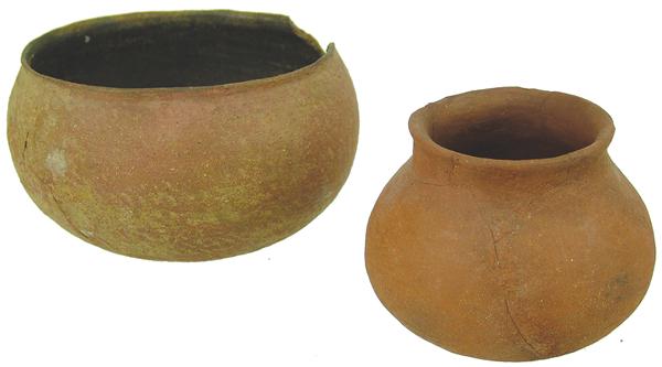 2 Anasazi Redware Vessels: Prehistoric 4" x 5-1/4", 4-1/2" x 7-1/2" Pair of smaller, redware vessels, the little olla (marked "Mimbres") with some professional restoration, the nice, corrugated cooking bowl with black interior