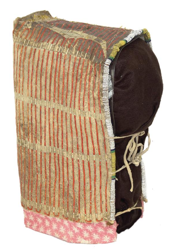 Brule Quilled & Beaded Cradle Cover: Mid/Late 1800s 13-1/2" x 9" x 10" + cloth. Very fine, sinew sewn and lazy stitch beaded buffalo hide cover for a baby carrier with fin, quilled red lines on each side and continuing over the top flank