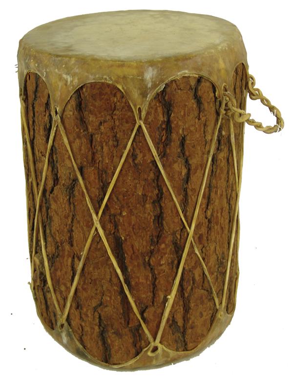Plateau Hollow Log Dance Drum: Mid 1900s 18" x 12" Ca. 1970s, Large Taos style double rawhide headed cylinder drum made from a hollowed ponderosa pine log section. Very good condition.