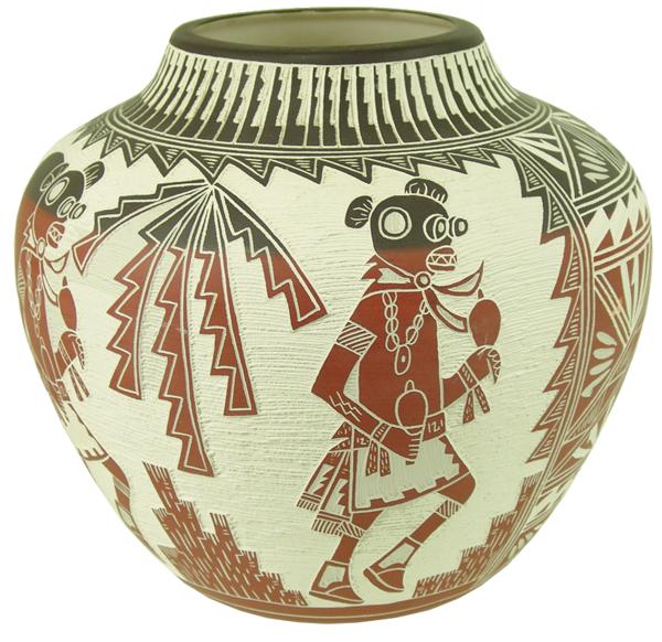 Large Acoma Pottery Jar - M & R Romero: Late 1900s 11" x 13" Large and impressive, green ware pottery jar with fully incised exterior containing geometric and floral forms, and featuring two, dancing Mudhead figures. Very good condition.