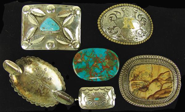 6 Jewelry & Silver Items: Mid/Late 1900s Largest 4" x 3" Includes a Navajo ashtray, a Navajo concho buckle, and a large turquoise(?) buckle, all of silver, plus a large Agate buckle signed "JMR", a large nickel buckle with tur