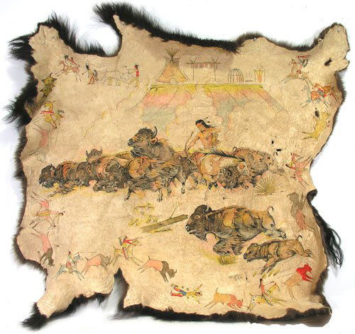 Painted Buffalo Hide: Beautiful Sioux tanned hide with original finely painted buffalo hunter scene - signed Paha Ska. 60" x 58" Late 1900's