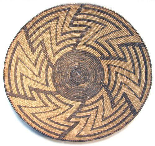 Pima Basket: Fine old basketry tray designed with rare whirlwind/maze pattern - no damage or repair. 15" dia. Circa 1910