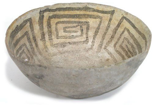 Anasazi Pottery: Classic, thin-walled, deep pottery bowl with intricate interior key/maze design - some professional restoration. 3-1/2" x 9" x 8-1/4" Pre-Historic