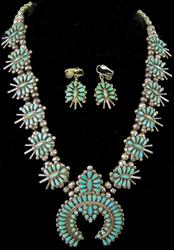 Navajo Turquoise & Silver Necklace and Earrings: Vintage, Zuni or Navajo, all silver cluster style squash blossom necklace with 12, side segments, matching Naja, and tiny beads, plus a pair of matching, clip-on earrings. Very good condition, great p