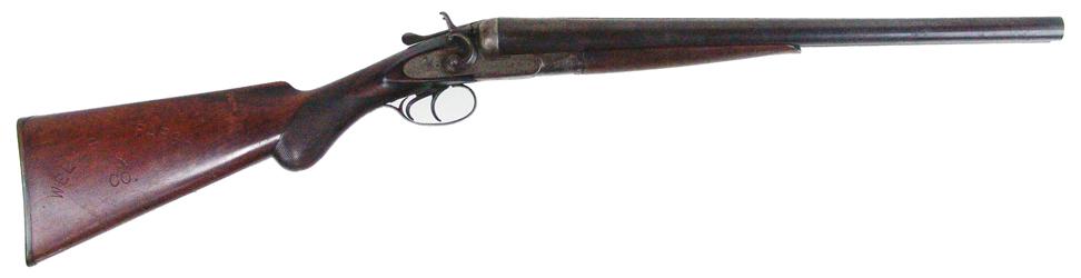 Prizo Antique Shotgun: Great old, 10-gauge "coach gun" with 20", laminated Damascus steel barrels with engraving, and marked "Wells Fargo and Co." on one side of the butt, and "Special Agent Chuck Curry - No. 128" on the ot