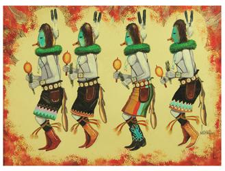 Nelson Dodd (N. D.) Shirley, Navajo (1938-2005): Colorful, signed original gouache on textured paper, a wonderful depiction of four Yei-Be-Chain dancers in action, one wearing cowboy boots. Very good condition, in custom leathered frame. Ca. 1977. 1