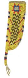 Plains Beaded Knife Sheath: Wonderful, sinew sewn and lazy stitch beaded, rawhide case, with large Valero star and interesting geometric designs. Good condition, a few missing/damaged beads. Mid 1900s. 7-1/2" tail.