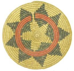 Navajo Wedding Basket: Vintage, polychrome basketry tray with traditional "wedding basket" design (including spirit release line) done in black and red. Very good condition. Mid/Late 1900s. 17"