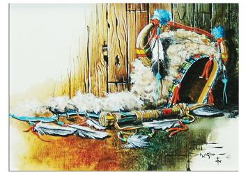 Keith Adams, Blackfeet, (20th C): Signed original acrylic on canvas still life showing a Blackfeet split horn bonnet and axe. Excellent condition. Late 1900s. 8" x 10" (11" x 13")