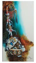 Keith Adams, Blackfeet. (20th C): Signed' original acrylic on canvas still life showing a Blackfeet coup stick, shield, and drum. Excellent condition. Late 1900s. 24" x 12" (27" x 15")