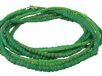 Vintage & Antique Trade Beads: Fine group of smaller, green, Venetian glass beads- three strands of mini Chevrons, and one strand of striped tubulars. Very good condition. Early/Mid 1900s. Longest 29"