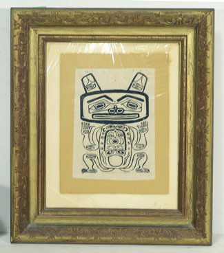 Haida Block Print: Single print of a bear transformation figure on paper, signed "By John & Donna". Circa 1960. 14" x 12" including frame