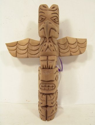 Northwest Coast Totem: Ben White Eagle, Hand carved, deep relief 2-figure eagle totem pole done in red cedar. Ben is a Muckleshoot Indian. Circa 1980s. 10" tall