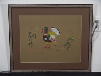 Richard Martinez (1904-87): Color portfolio print from the 1930s - Pueblo Indians portfolio, plate #11 turkey with maize - framed and matted. Circa 1930s. 15" x 19" (22" x 26" framed)