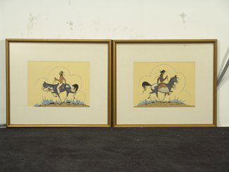 Robert Chee, Navajo: Pair of framed and matted silkscreen prints, each with a rider on a gray horse, pointing opposite directions. Circa mid 1900s. 5-1/2" x 7-1/2" (11" x 13")
