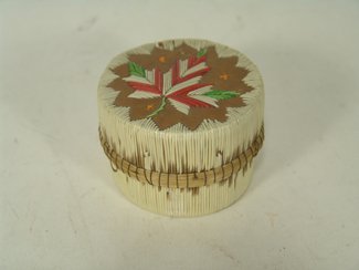 Iroquois Quilled Basket: Traditional, vintage, lidded birch bark container with quilled sides and top featuring a Canadian maple leaf. Condition: very good, 2 or 3 missing quills. 3 1/4" diameter x 2 1/2" tall