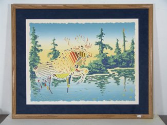 Cree Legends Print - Ray Keighley: Signed limited edition (#11/14) full color Cree screen print titled "Mystic Moose." Condition: good. Circa 1984. 31 1/2" x 25 1/2" (25" x 19")