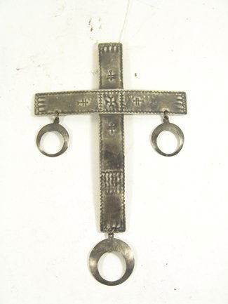 German Silver Gorget: Traditional, early, Plains-style hand tooled German silver cross with loop suspensions - a newer version of a simple early design. Circa 1970s. 11" x 6-1/2"