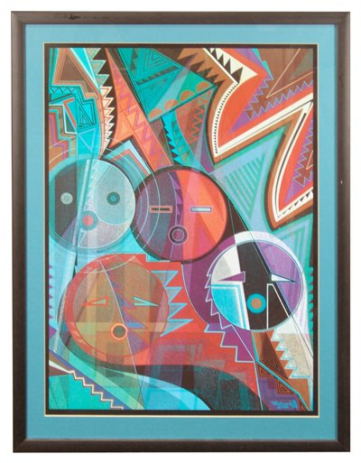 Helen Hardin - 1943-1984 Santa Clara: Beautiful contemporary full color print done in her distinct style - matted and framed. Artist AKA "Tsa Sah Wee Eh". Condition: Excellent. 1983. 23" x 16-1/2" (27" x 20-1/2")
