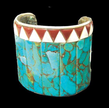 Zuni Inlay Bracelet: Unique, contemporary wide cuff bracelet made from silver with more traditional turquoise, coral, and mother of pearl inlay on the outside and original design abalone inlay inside; very good condition.