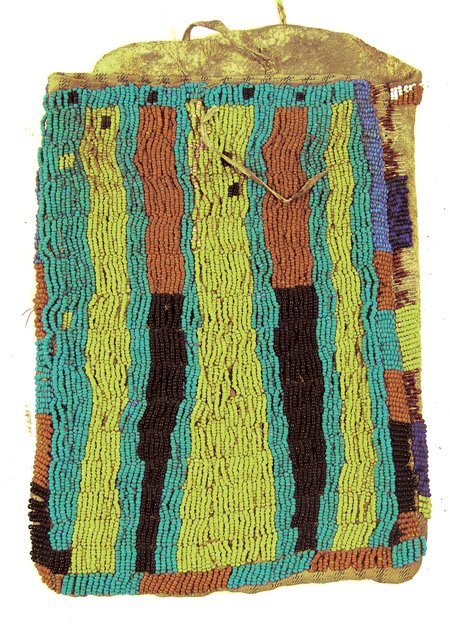 Crow Beaded Bag: Rare old lazy stitch beaded bag with flap and interesting banded design; good condition, some bead loss. 8-1/2" x 6" Circa Early 1900s